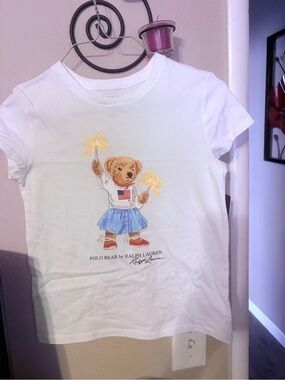 Ralph Lauren White Girls Polo Bear Graphic Tee with Blue Skirt